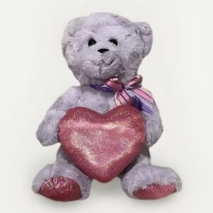 Burton + Burton‎ Purple Teddy Bear Plush Shiny Heart Pink Bow 10" Brown Eyes